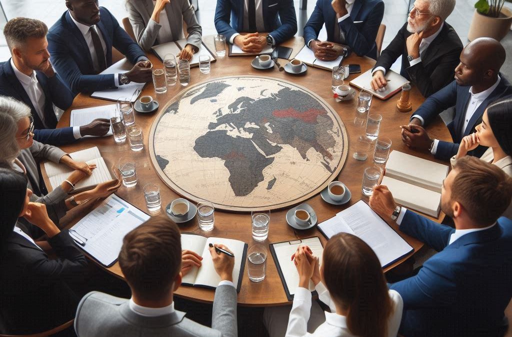 solutions oriented leaders sitting around a conference table of the world map