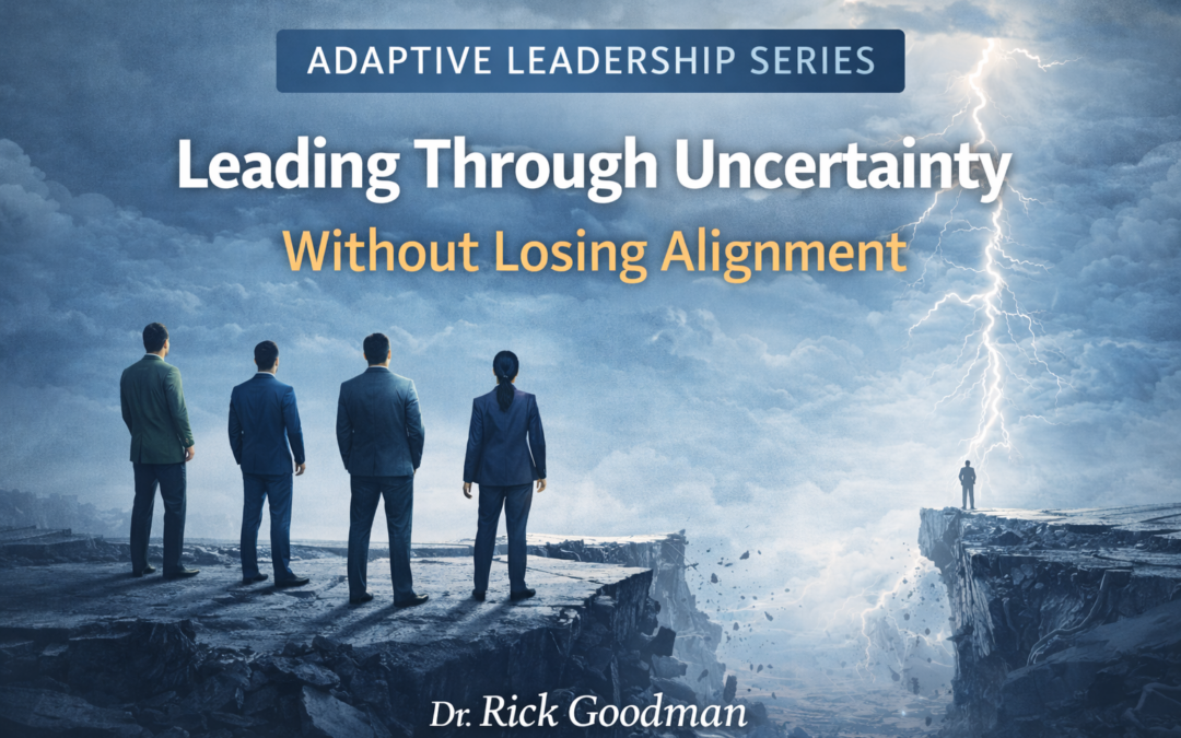 Leaders standing at the edge of disruption, symbolizing leading through uncertainty without losing alignment