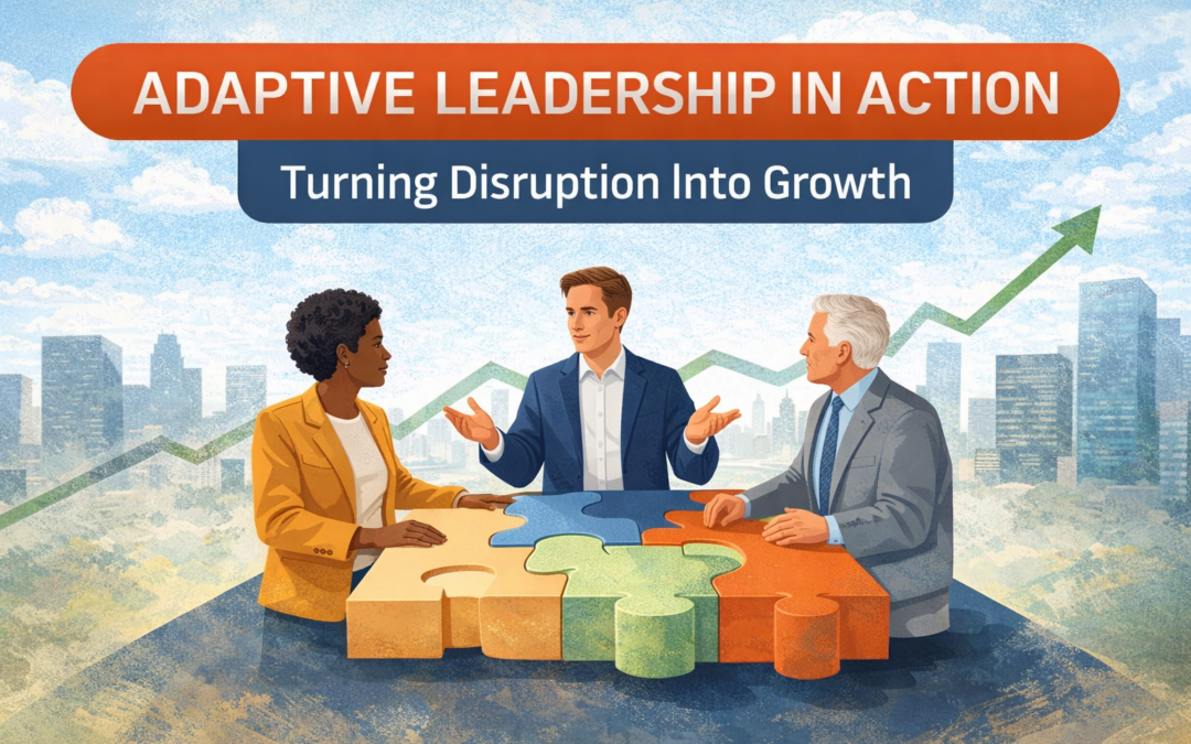Three professionals collaborate over interlocking puzzle pieces with an upward arrow, illustrating adaptive leadership turning disruption into growth.