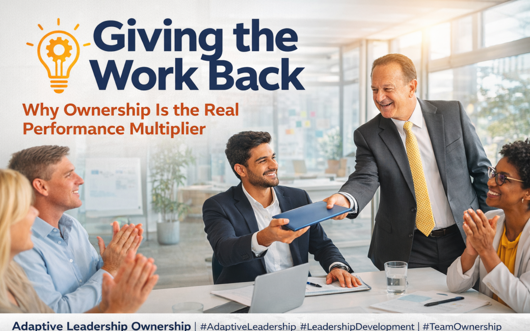 Leader hands responsibility to a team member as colleagues collaborate, illustrating adaptive leadership ownership and giving the work back.