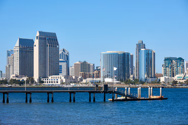 San Diego skyline and bay, backdrop for San Diego motivational speaker Dr. Rick Goodman